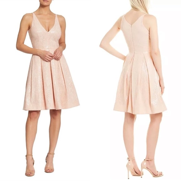 DRESS THE POPULATION COLETTE SLEEVELESS FIT & FLARE SEQUIN PINK NUDE PARTY DRESS - Picture 1 of 14